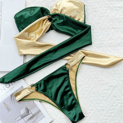 Zelené a zlaté dvoudílné bikiny bandeau
