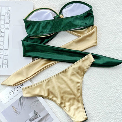 Zelené a zlaté dvoudílné bikiny bandeau